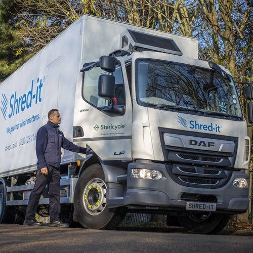 Shred-it mobile truck performing on-site shredding at a business location