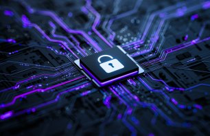 Cyber Security AI Chip With Digital Lock On Circuit Board.