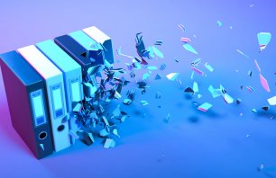 office folders in neon light falling apart into small parts, 3d illustration